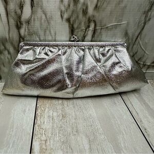 Vintage Silver Leather Kiss Lock Micro Clutch Party Event Evening Christmas NYE